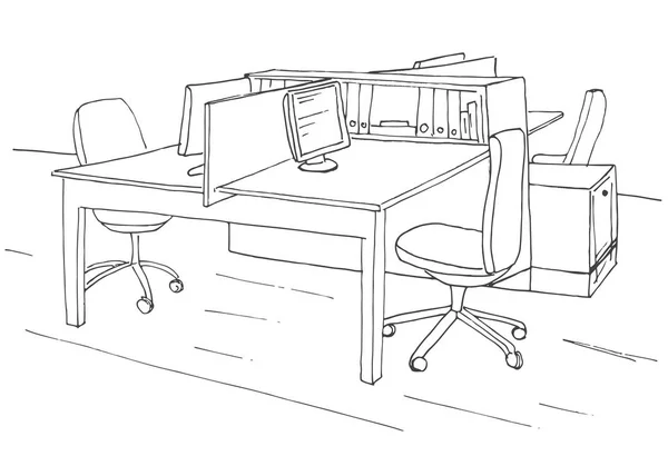 Großraumbüro. Arbeitsplätze im Freien. Tische, Stühle und Fenster. Vektorillustration im Skizzenstil. — Stockvektor