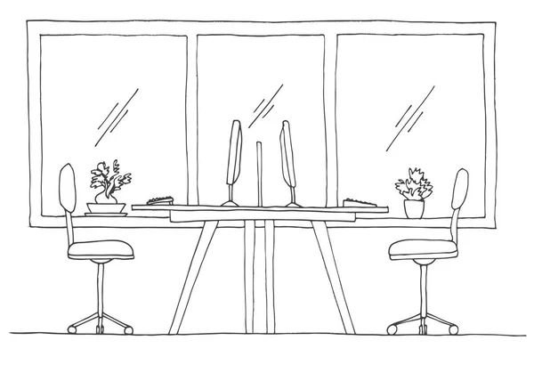 Open Space office. Werkplekken in openlucht. Tafels, stoelen. Vectorillustratie in de stijl van een schets. — Stockvector