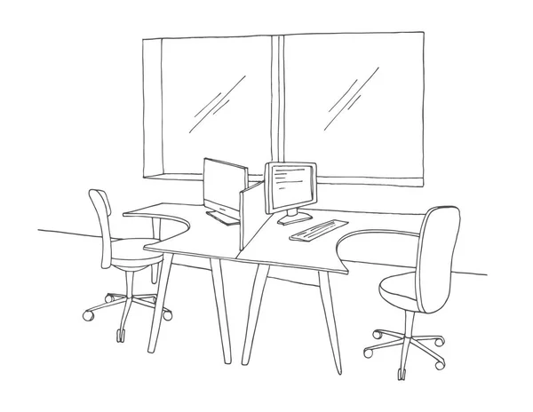 Açık alan ofis. İşyerleri açık havada. Masalar, sandalyeler. Vektör çizim bir kroki tarzı.
