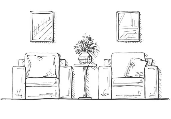 Twee fauteuils en een hoge tafel. Vaas met bloemen op tafel. Hand getekende interieur. Vectorillustratie in schets stijl — Stockvector