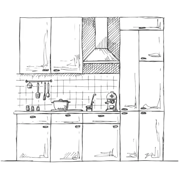 Mobiliario de cocina dibujado a mano. Ilustración vectorial en estilo de boceto — Archivo Imágenes Vectoriales