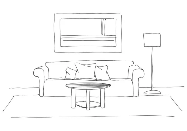 Sofá, mesa redonda à frente dela. Lâmpada de assoalho na lateral. Ilustração vetorial desenhada à mão de um estilo de esboço . — Vetor de Stock