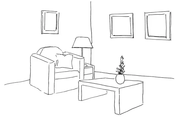 Sessel, Tisch mit Vase. Lampe auf dem Nachttisch. Handgezeichnete Vektorillustration eines Skizzenstils. — Stockvektor