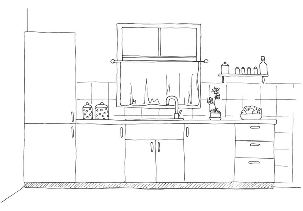 Esboço cozinha com uma janela. Ilustração vetorial em estilo esboço . — Vetor de Stock