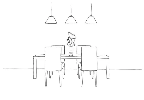餐厅里的一部分。桌子和椅子。上表的花瓶里的花。灯悬挂在桌子上方。手的素描画。矢量图. — 图库矢量图片