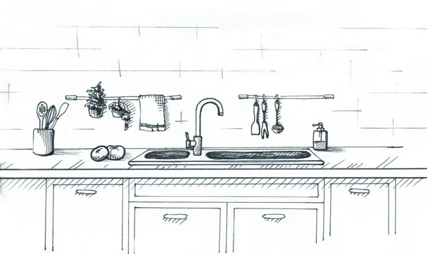 Νεροχύτη της κουζίνας. Πάγκο της κουζίνας με νεροχύτη. Το σκίτσο της κουζίνας — Φωτογραφία Αρχείου