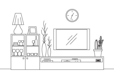 Doğrusal kroki iç. Kitaplık, şifoniyer Tv ve raflar. Modern bir tarzda iç doğrusal kroki.