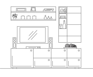 Doğrusal kroki iç. Kitaplık, şifoniyer Tv ve raflar. Modern bir tarzda iç doğrusal kroki.