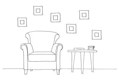 Sandalye, Masa kupa ile. Bir kroki tarzı çizilmiş vektör çizim el