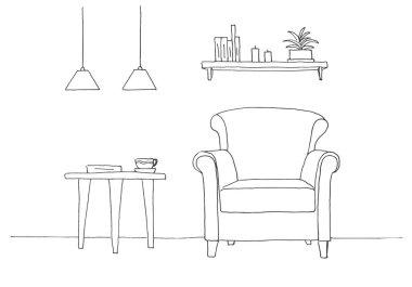 Sandalye, Masa kupa ile. Tablonun üst kısmındaki iki düşük askıya lambalar. Kitaplar ve bitkiler ile raf. Bir kroki tarzı çizilmiş vektör çizim el