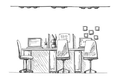 Kroki Oda. Ofis koltuğu, Resepsiyon, masanın üzerinde çeşitli nesneler. Çalışma alanı çizin. Vektör çizim