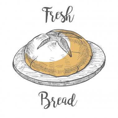Somun ekmek bir ahşap yuvarlak tahta üzerinde. Bir kroki stil vektör çizim.