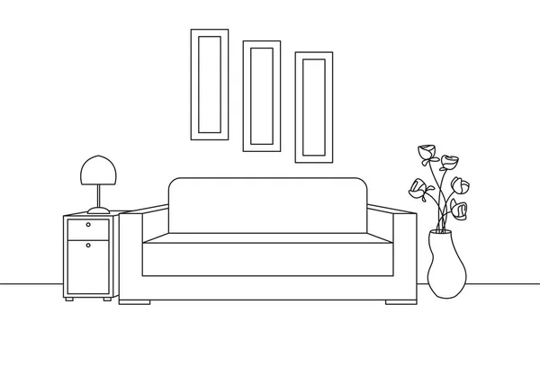 Modernes Interieur. Sofa, Stehlampe und Nachttisch. die Uhr hängt an der Wand. Vor dem Sofa liegt ein Teppich. Vektorillustration in linearem Stil. — Stockvektor