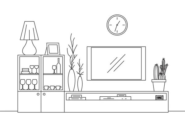 인테리어의 선형 밑그림입니다. 책장, 옷장 Tv와 선반 현대적인 스타일에 인테리어의 선형 스케치. — 스톡 벡터