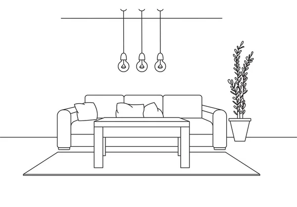 Sofá, mesa, três lâmpadas penduradas por cima da mesa. Esboço linear do interior em estilo moderno . — Vetor de Stock