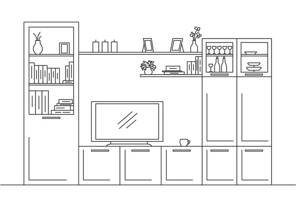 Esbozo lineal del interior. Librería, cómoda con TV y estanterías. Esbozo lineal del interior en un estilo moderno . — Archivo Imágenes Vectoriales