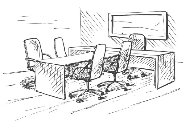 Oficina en estilo de boceto. Mobiliario de oficina dibujado a mano. Ilustración vectorial . — Archivo Imágenes Vectoriales