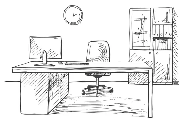 Büro im Skizzenstil. handgezeichnete Büromöbel. Vektorillustration. — Stockvektor