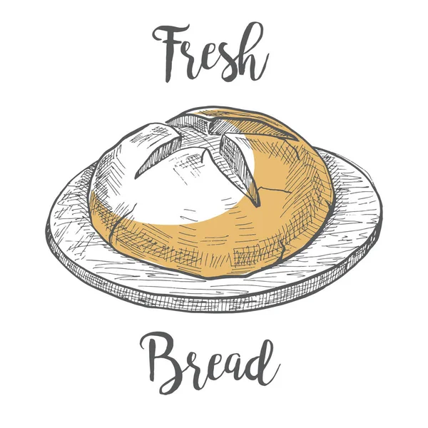 Somun ekmek bir ahşap yuvarlak tahta üzerinde. Bir kroki stil vektör çizim.