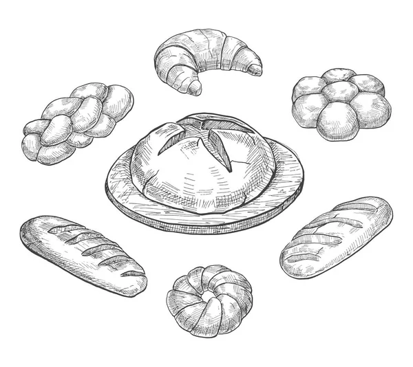 Broodjes, croissants, brood, brood, bakken geïsoleerd op witte achtergrond. Vectorillustratie van een schets stijl. — Stockvector