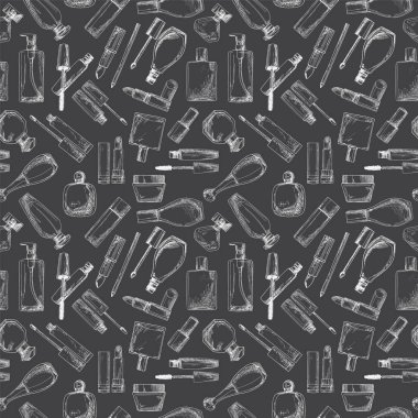 Kozmetik ile Seamless modeli. Rujlar, maskara, krem. İllüstrasyon kroki tarzı.