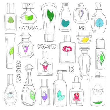 Kozmetik kümesi. Doğal, eco, beyaz arka plan üzerinde izole bio kozmetik. Bir kroki stil vektör çizim.