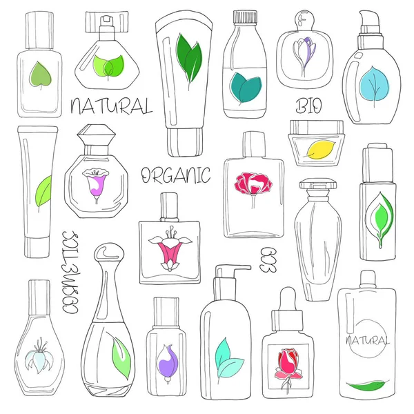 Conjunto de cosméticos. Cosmética natural, ecológica, bio aislada sobre fondo blanco.Ilustración vectorial de un estilo de boceto . — Archivo Imágenes Vectoriales