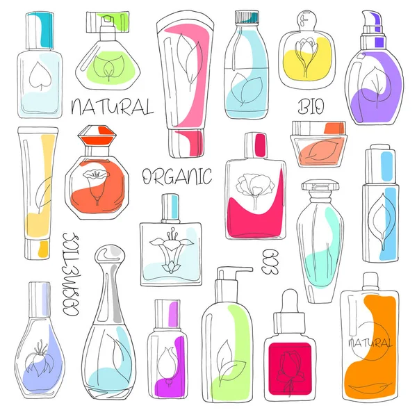 Conjunto de cosméticos. Cosmética natural, ecológica, bio aislada sobre fondo blanco.Ilustración vectorial de un estilo de boceto . — Vector de stock