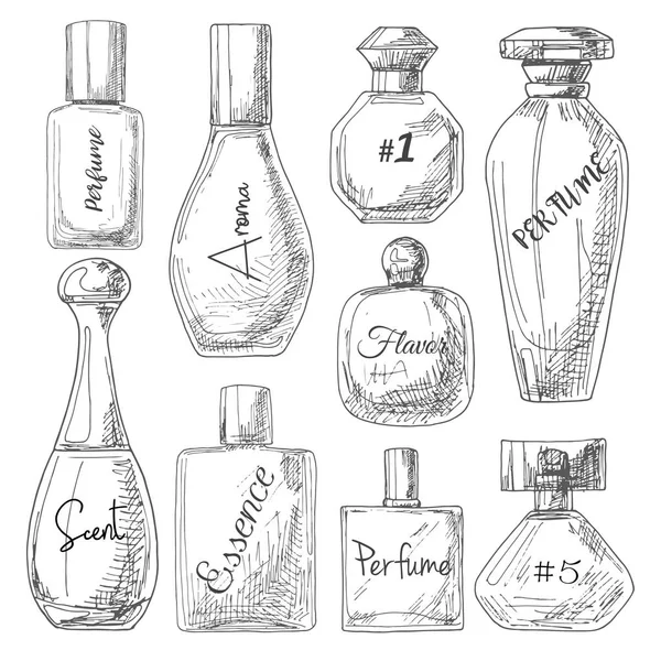 Set de diferentes frascos de perfume. Ilustración vectorial de un estilo de boceto . — Archivo Imágenes Vectoriales