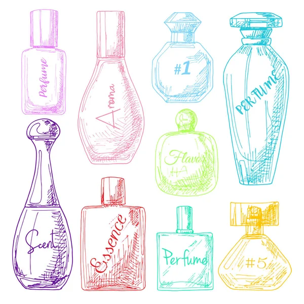 Sada různých lahví parfému. Vektorové ilustrace stylu skica. — Stockový vektor