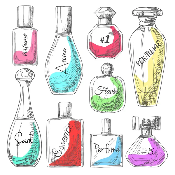 Set de diferentes frascos de perfume. Ilustración vectorial de un estilo de boceto . — Archivo Imágenes Vectoriales