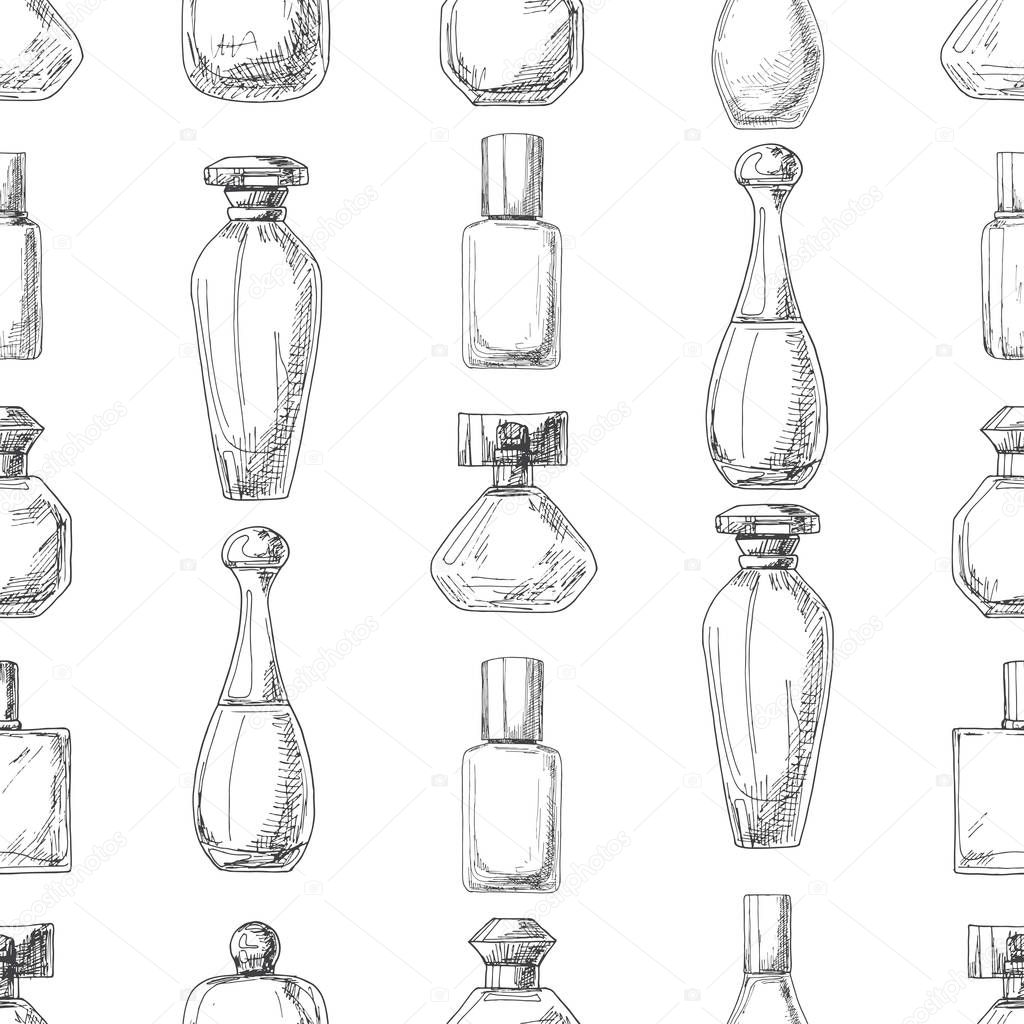 Seamless pattern with perfume bottles.  Vector illustration of a sketch style.