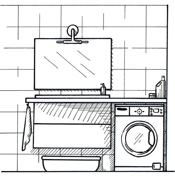 Ручной рисунок. Линейный эскиз интерьера. Часть ванной комнаты. иллюстрация — стоковое фото