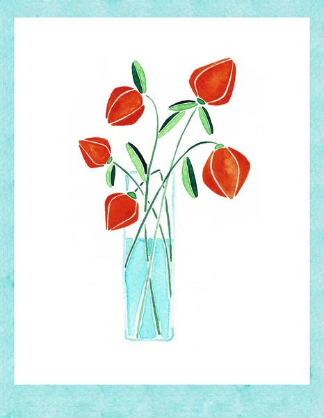 Tencere bitkiler. Bir Vazoda Çiçekler. Suluboya elle çizilmiş illüstrasyon.