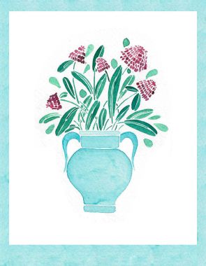 Tencere bitkiler. Bir Vazoda Çiçekler. Suluboya elle çizilmiş illüstrasyon.