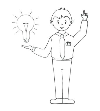 Office giysili genç adam bir ampul fikir sunar. Vektör çizim bir kroki tarzı.