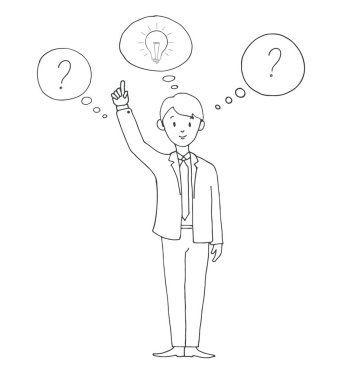 Konuşma balonları fikri, soru işareti ile takım elbiseli genç adam. Vektör çizim bir kroki tarzı.