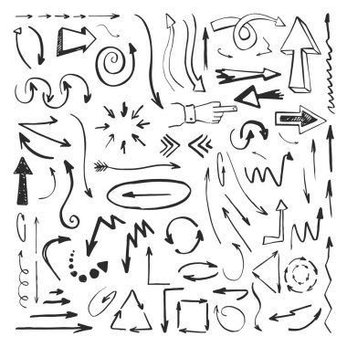 Farklı işaretler, oklar, işaretçiler kümesi. Bir kroki stil vektör çizim.