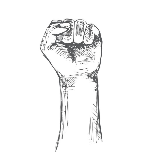 Hand clenched into a fist. Gesture of strength. Illustration in sketch style. Hand drawn vector illustrations.
