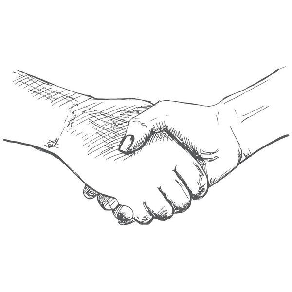 Two hands, handshake. Illustration in sketch style. Hand drawn vector illustrations.