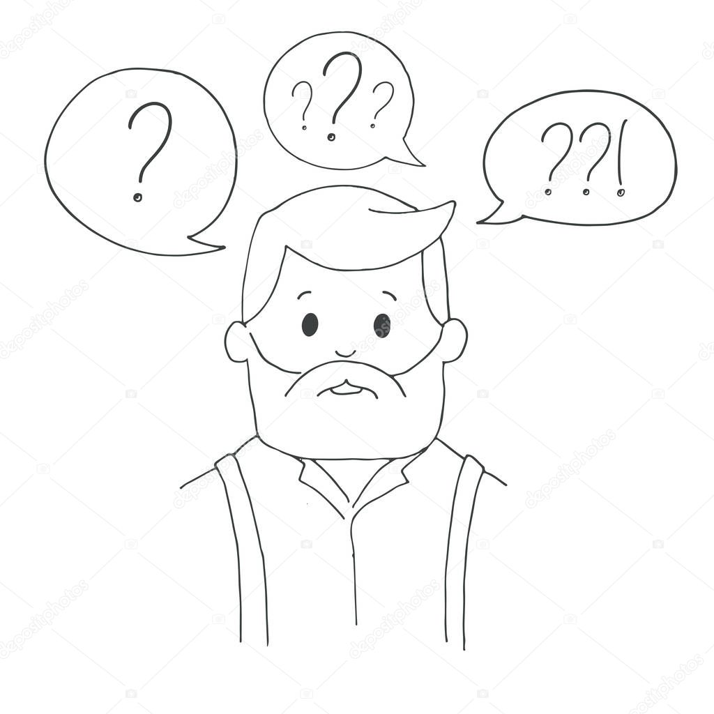 An elderly man with a beard. Speech balloons with a question mark. Vector illustration in a sketch style.