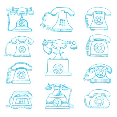Beyaz arka plan üzerinde izole set retro telefon taslağını. Vektör çizim.