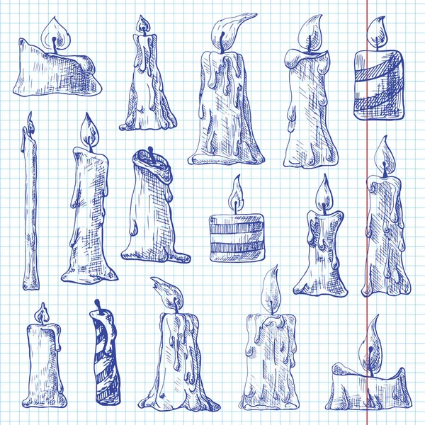 Conjunto desenhado à mão de velas diferentes na folha do caderno. Ilustração vetorial de um estilo de esboço . — Vetor de Stock