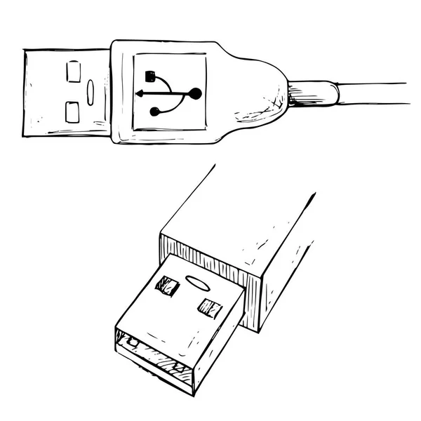Connettore USB tipo A. Illustrazione vettoriale del cavo USB in stile schizzo . — Vettoriale Stock