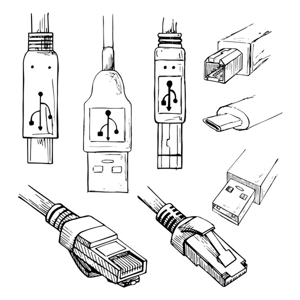 Csoportja, adatai csatlakozó dugó: különböző Usb és Rj45 8P8C csatlakozóhoz. Gyűjteménye vektor illusztráció vázlat stílusú. — Stock Vector