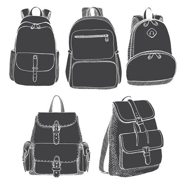 Set of different backpacks, men, women and unisex. Backpacks isolated on white background. Vector illustration in sketch style. — Stock Vector