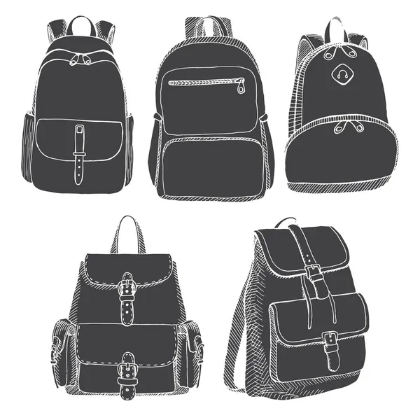 Conjunto de diferentes mochilas, homens, mulheres e unissexo. Mochilas isoladas em fundo branco. Ilustração vetorial em estilo esboço . — Vetor de Stock