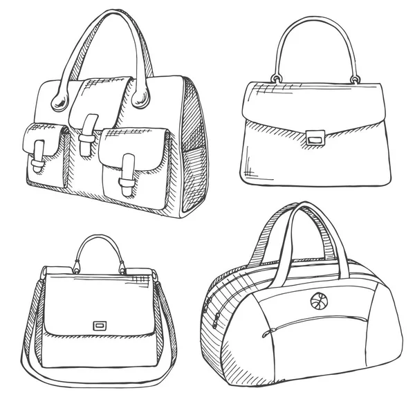 Набір різних сумок, чоловіків, жінок і унісекс. Сумки ізольовані на білому тлі. Векторні ілюстрації в стилі ескізів . — стоковий вектор