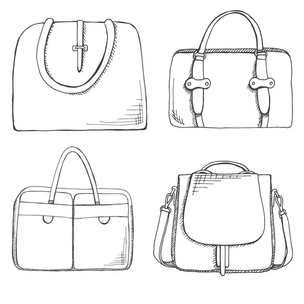 Conjunto de diferentes bolsos, hombres, mujeres y unisex. Bolsas aisladas sobre fondo blanco. Ilustración vectorial en estilo de boceto . — Vector de stock