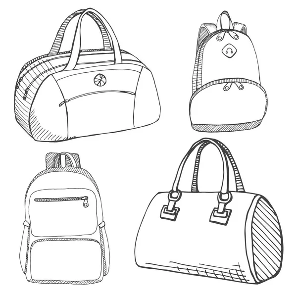 Uppsättning av olika väskor, män, kvinnor och unisex. Väskor isolerad på vit bakgrund. Vektorillustration i skiss stil. — Stock vektor